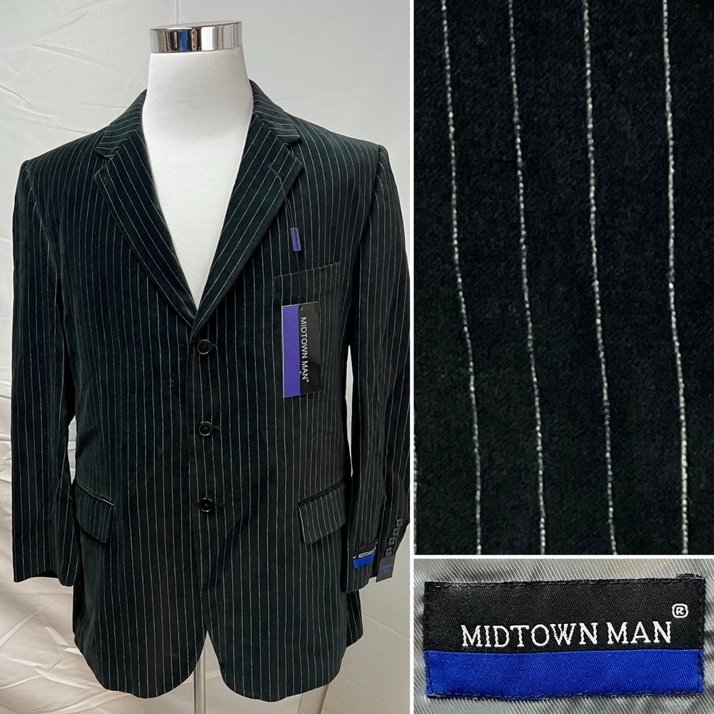 NWT Midtown Man Men's 44R Black Velvet Pinstripe 3-Button Cotton Blazer Jacket